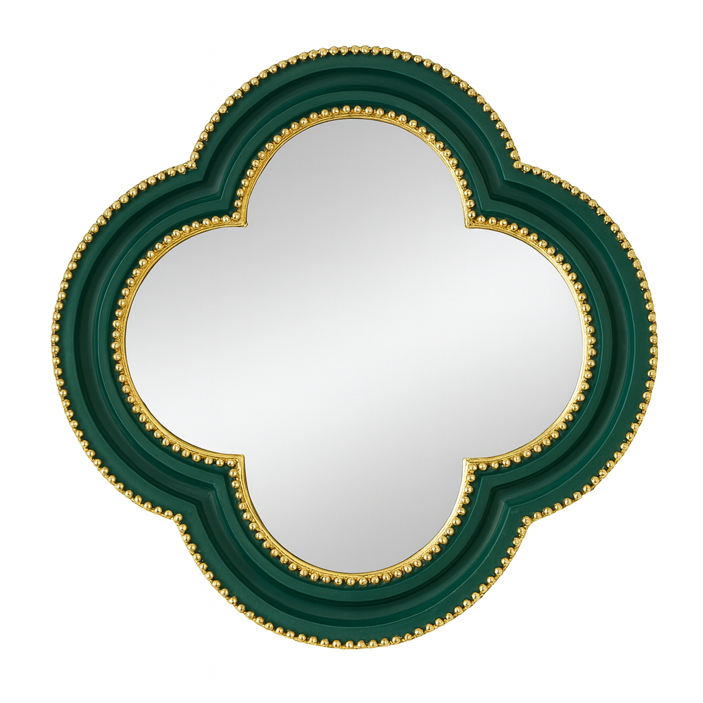 Green and gold quatrefoil mirror with deep green frame and gold beaded trim, designed as a luxury wall accent for elegant interiors.