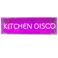 Acrylic neon wall sign "Kitchen Disco" on a box frame. A perfect retro look.
It comes with an USB cable with dimmer switch.