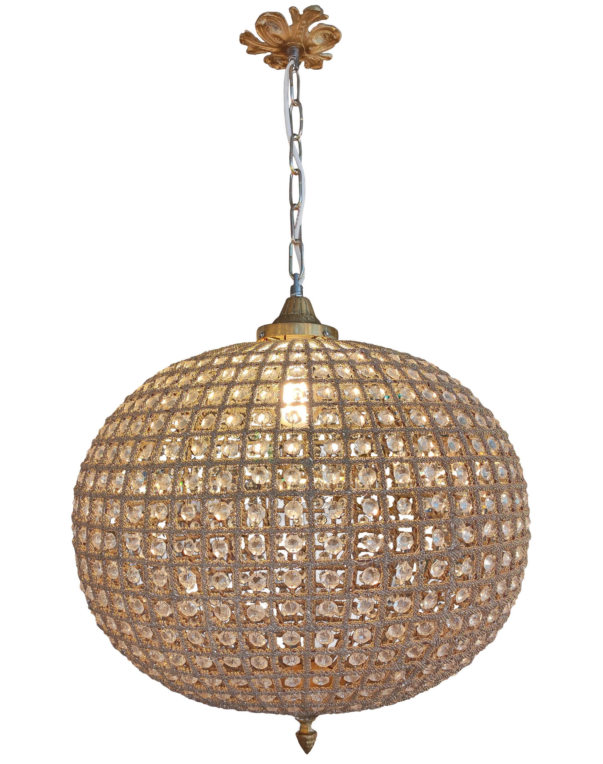 Large Brass  Crystal Globe Chandelier