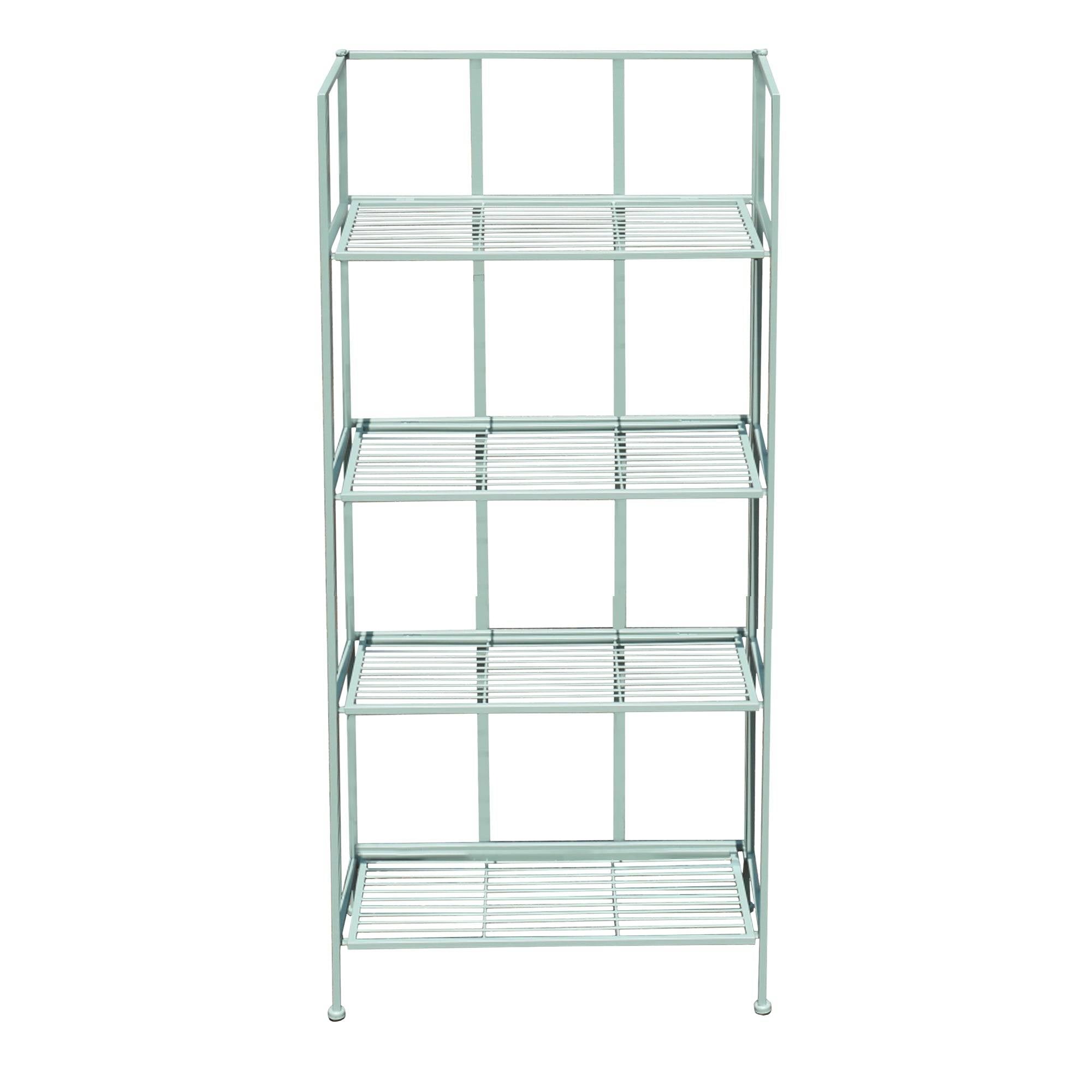 Pale blue painted 4 tier folding shelf unit, perfect for indoor or outdoor storage or display. Perfect for plants, or outdoor tools etc. and indoors for kid's bedrooms or for your kitchen - versatile folding shelving.