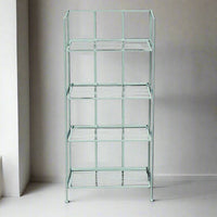 Pale blue painted 4 tier folding shelf unit, perfect for indoor or outdoor storage or display. Perfect for plants, or outdoor tools etc. and indoors for kid's bedrooms or for your kitchen - versatile folding shelving.