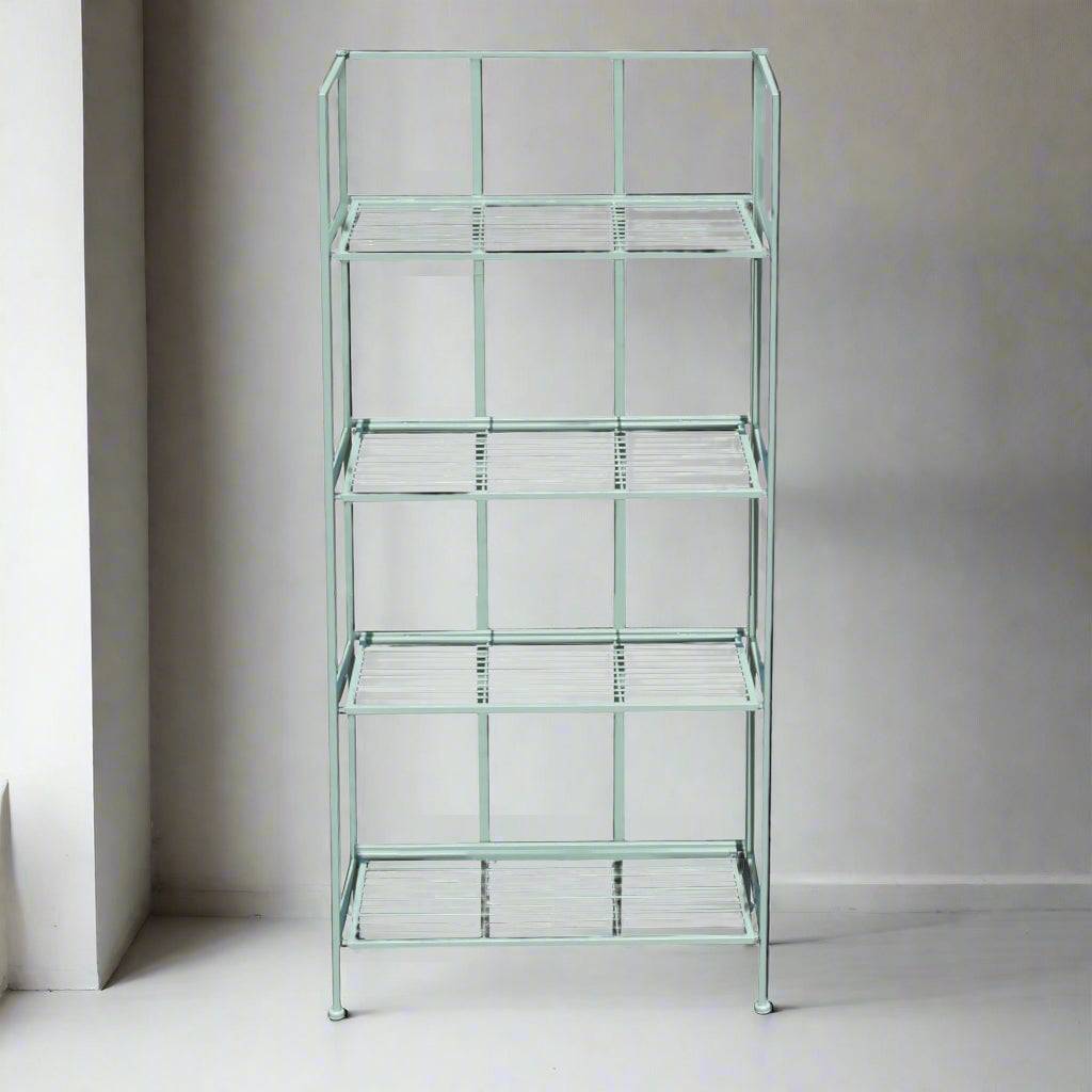 Pale blue painted 4 tier folding shelf unit, perfect for indoor or outdoor storage or display. Perfect for plants, or outdoor tools etc. and indoors for kid's bedrooms or for your kitchen - versatile folding shelving.