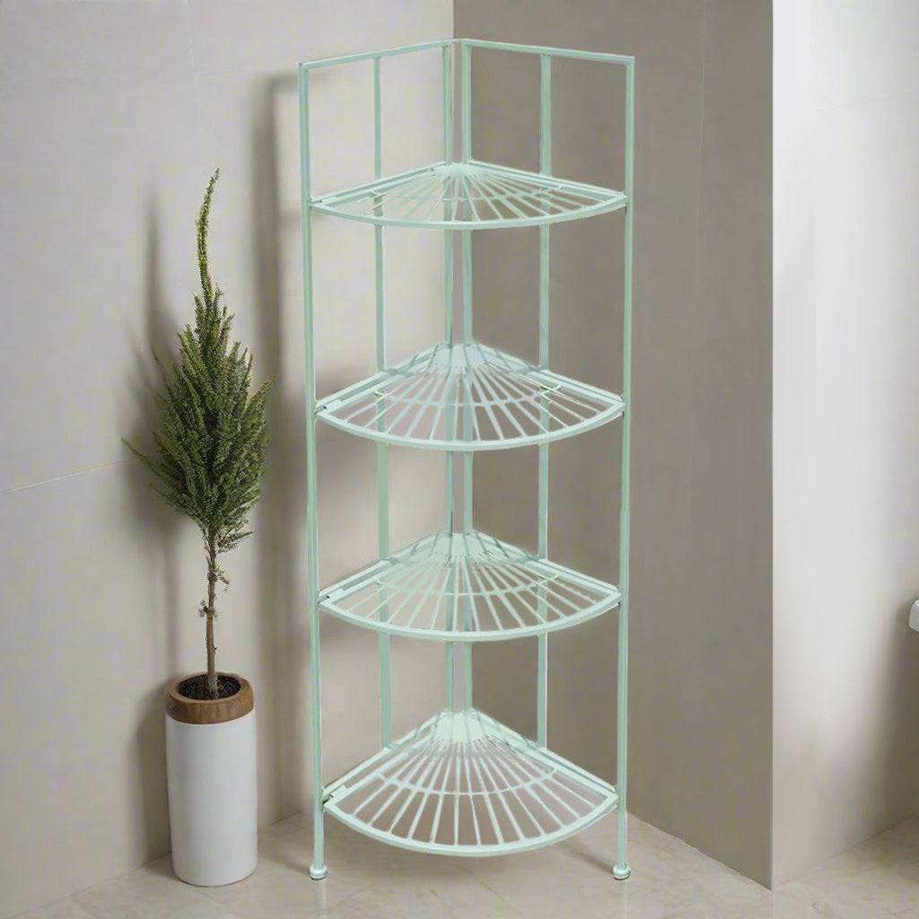 Folding corner shelf unit with 4 shelves in a painted blue colour. Perfect indoor or out, in a bathroom for towels, in a garden or conservatory displaying plants, a really versatile piece of furniture.