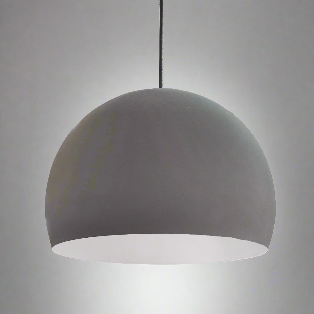 Round dark grey metal pendant with white inner, perfect kitchen island light, over a dining table or in any room that has an industrial twist.