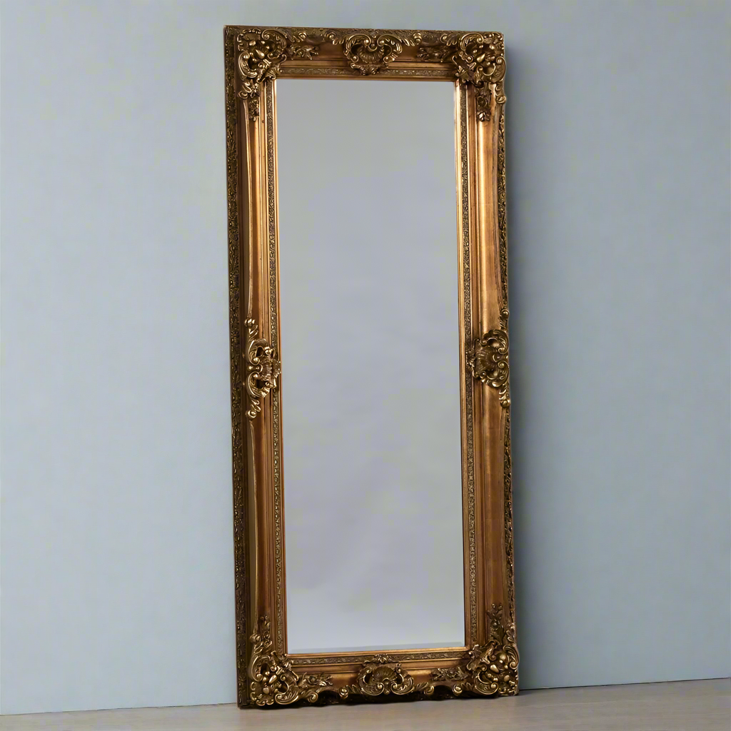Extra tall burnished gold framed Baroque mirror to add a touch of luxury and grandeur to your home.  These 'louis' style mirrors are perfect in a period home or leant against a wall in a contemporary bedroom or living room to add a focal point