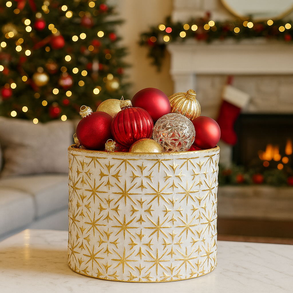 festive metal container for table to hold decorations, sweets, nuts etc.