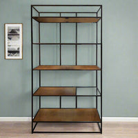 Black iron multi shelving unit, great display or storage piece in industrial black metal. The depth of this shelf, 30 cm makes it perfect for the narrowest of halls.