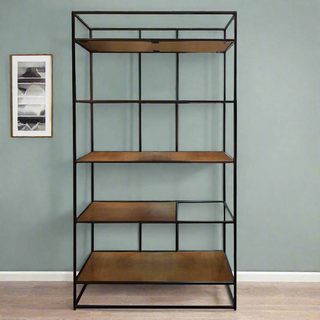 Black iron multi shelving unit, great display or storage piece in industrial black metal. The depth of this shelf, 30 cm makes it perfect for the narrowest of halls.