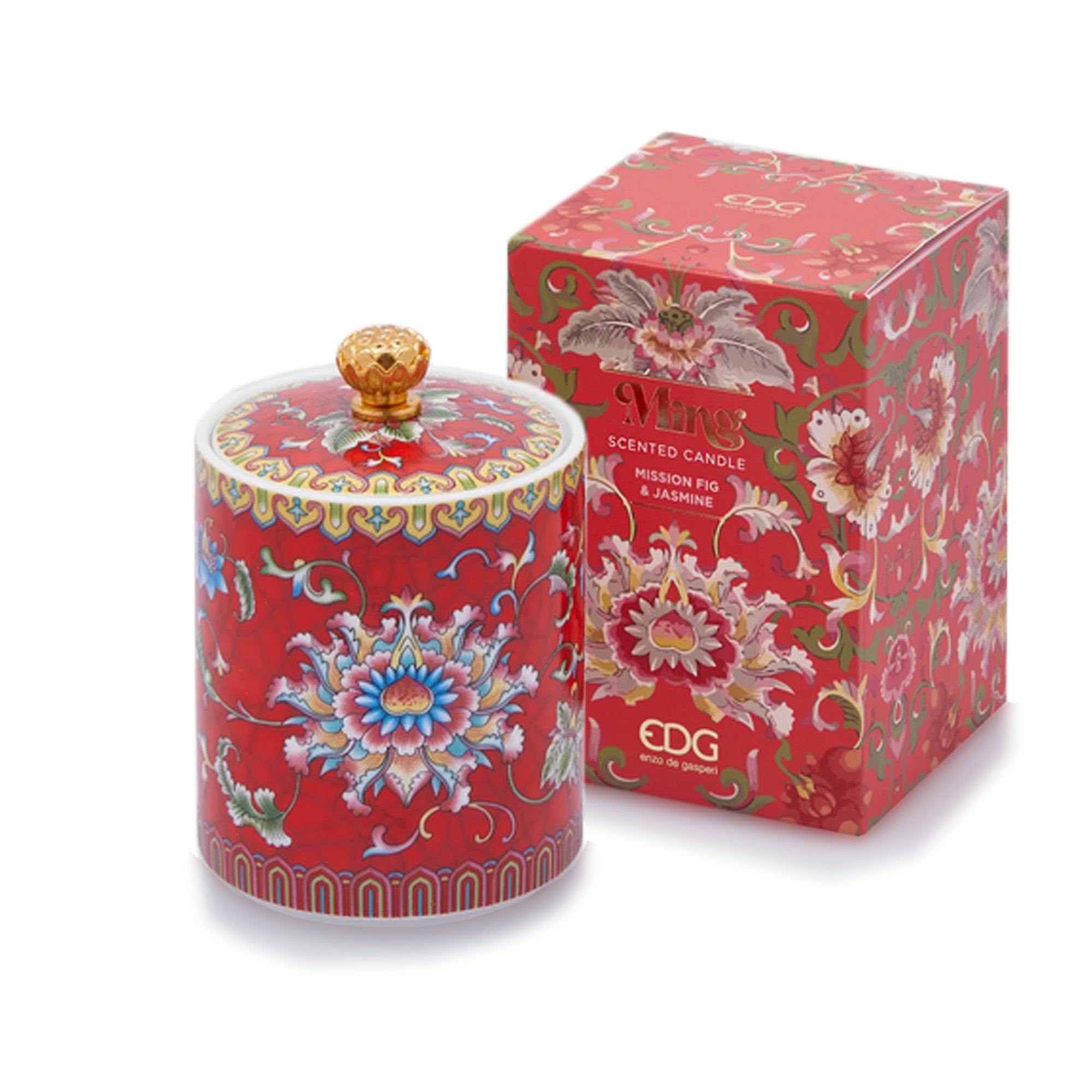 Handcrafted red ceramic scented candle jar with floral design and gold detailing, scented with Mission Fig and Jasmine.