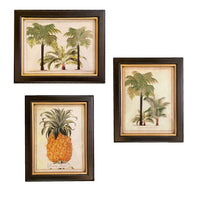 Set of three small vintage prints featuring palm trees and a pineapple in black frames. Perfect for retro-themed wall decor.