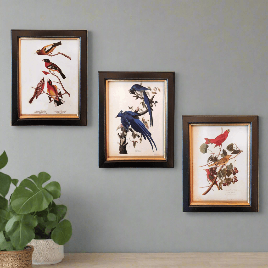 Elevate your decor with a Set of Three Wall Prints featuring birds on branches in black & gilt frames. Perfect for a retro/vintage touch. Combine them together.