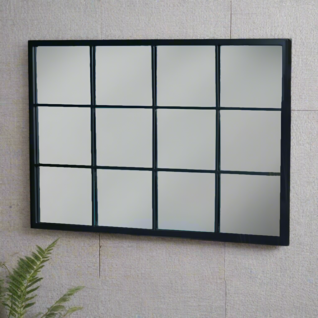 Black Window Mirror in rectangular shape with 12 panes.
Great mirror giving a great industrial effect.
H: 120 cm W: 50 cm
