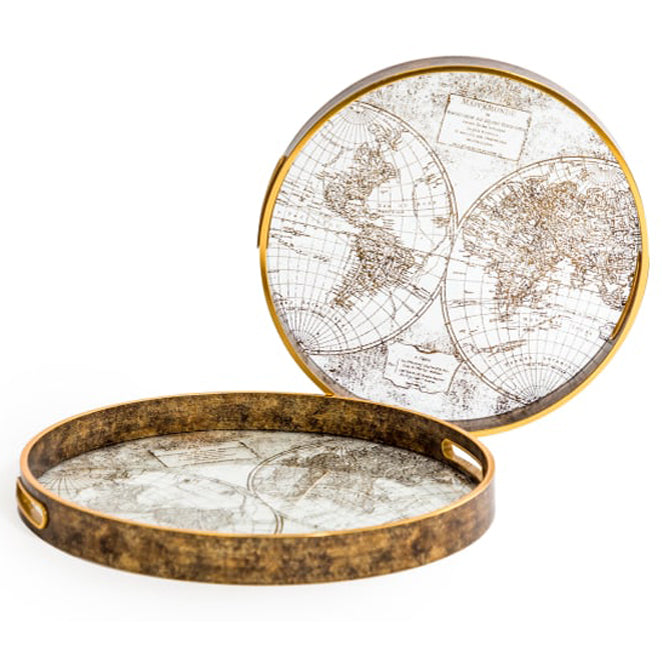 Antique world map round trays. The trays are clear transparent, not mirrored.
They can be purchased individually or as a set of two.