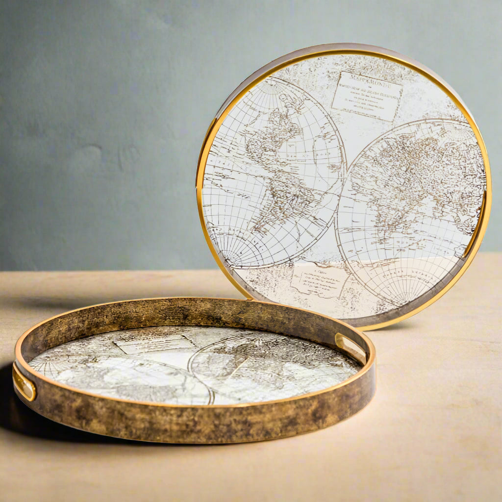 Antique world map round trays. The trays are clear transparent, not mirrored.
They can be purchased individually or as a set of two.