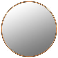 A supersized statement circular mirror finished in an antique brushed gold gilt solid metal frame.  This beautiful mirror is stunning for it's simplicity, and maximum glass effect.  It illuminates the space while softening sharp corner edges resulting in a light airy feel to any room.