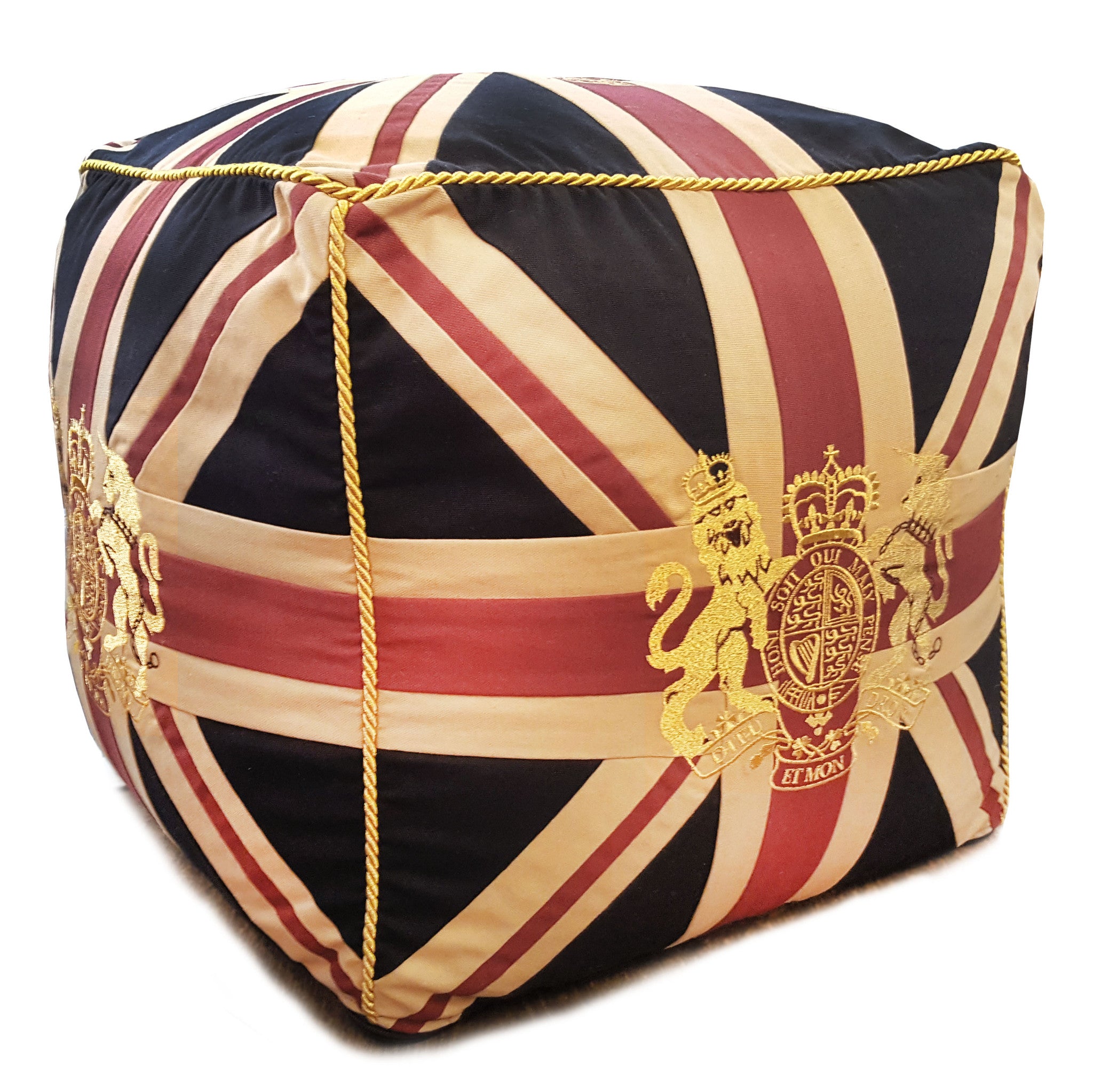 A Union Jack crested cube pouffe.  This stool is structured with a firm seat and great as an extra seat or footstool.   Cover: 100% Cotton  Insert: Polyester   H: 46 cm W: 46 cm D: 46 cm