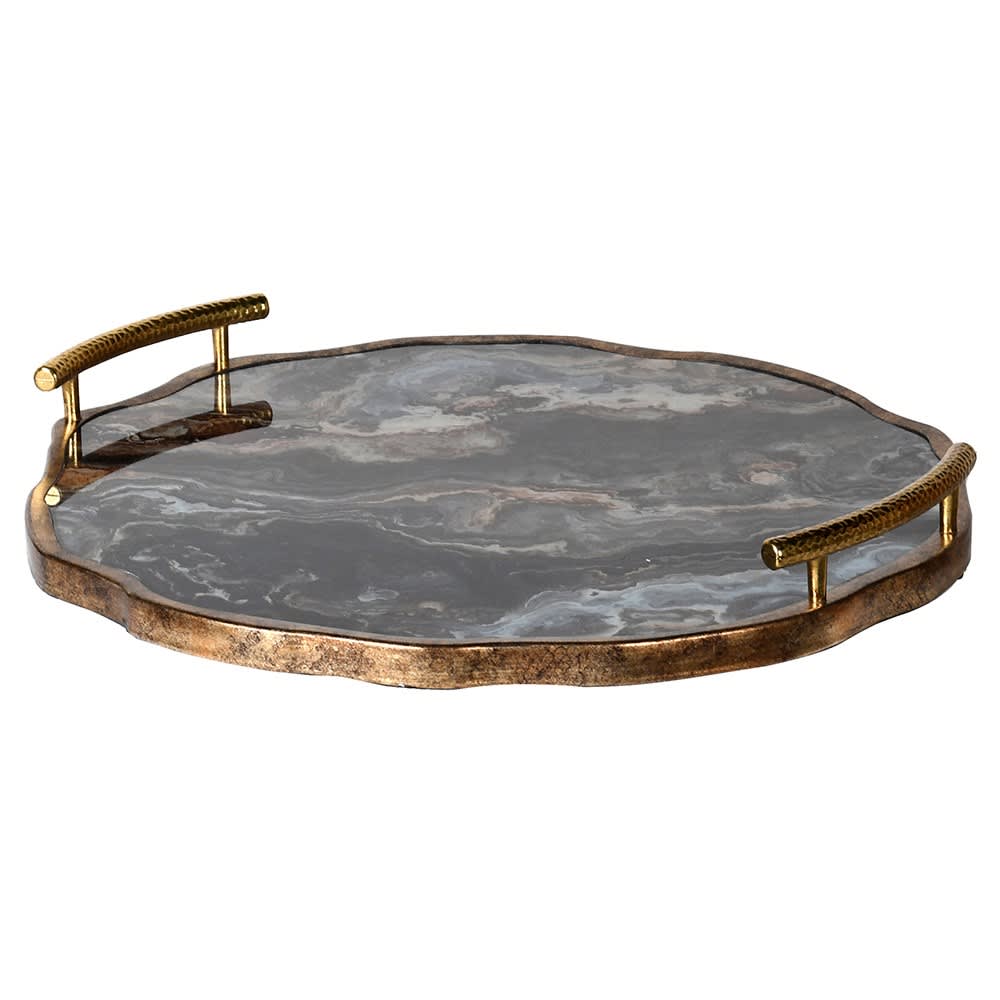 Dark, richly coloured agate tray in a brushed antique brass frame with 2 brushed brass handles. A really luxurious looking, substantial tray. 