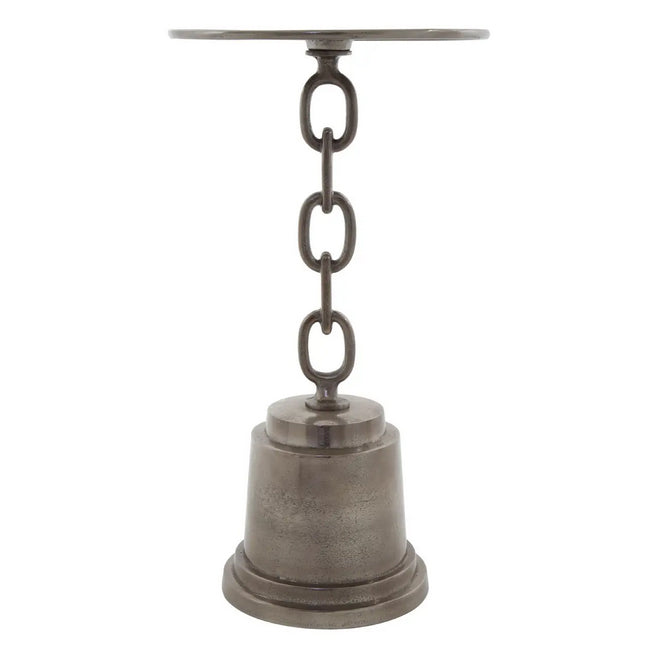 Tall side table with a chain design stand that connects its top to the tiered pedestal base.
H: 70 cm W: 38 cm