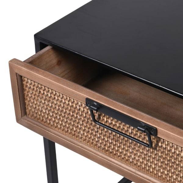Bedside table consisting of a single rattan drawer in an iron frame with a metal top.     Clean lines and a minimal feel make this the perfect simple bedside.  Reduced from £175 to £125 each.   On display In The Chiswick Store and available for COLLECTION ONLY.    If you require a delivery, please contact us for a quotation.   H: 50 cm W: 48 cm D: 38 cm  Weight: 6.5 kg