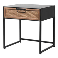 Bedside table consisting of a single rattan drawer in an iron frame with a metal top.     Clean lines and a minimal feel make this the perfect simple bedside.  Reduced from £175 to £125 each.   On display In The Chiswick Store and available for COLLECTION ONLY.    If you require a delivery, please contact us for a quotation.   H: 50 cm W: 48 cm D: 38 cm  Weight: 6.5 kg