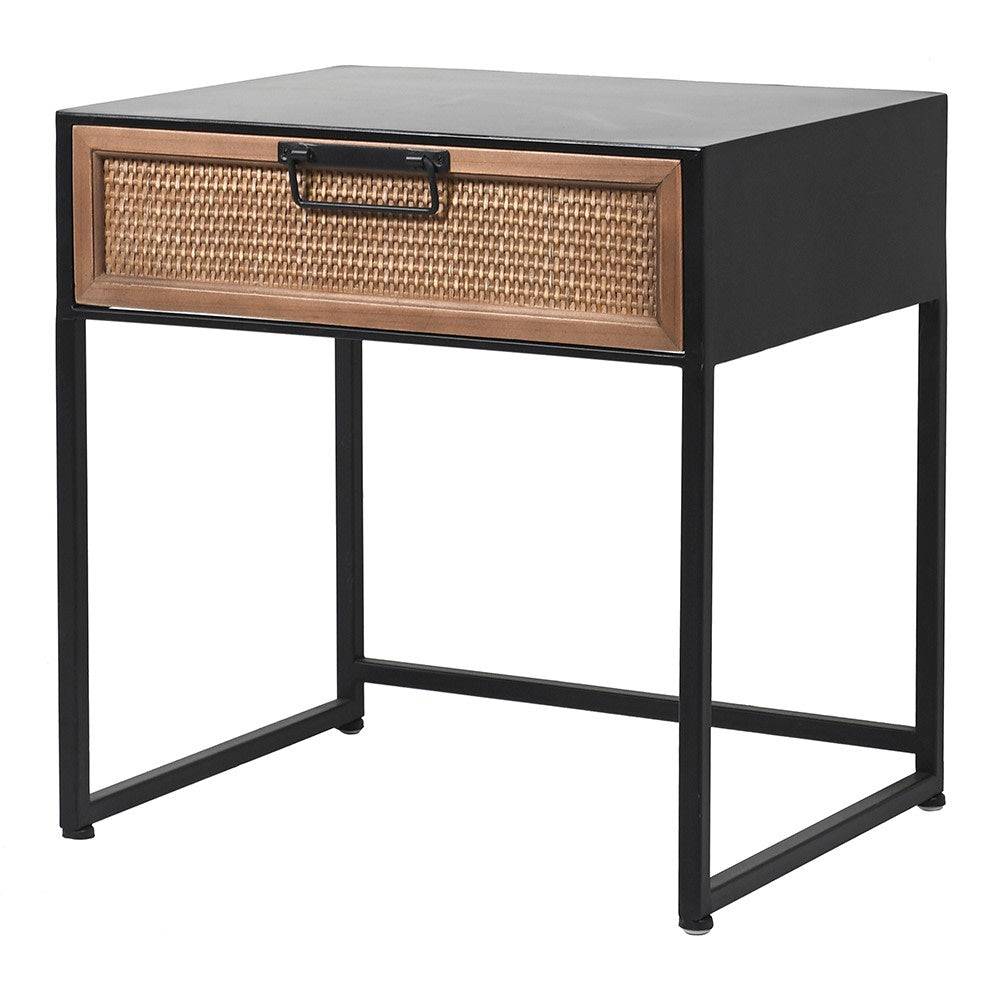 Bedside table consisting of a single rattan drawer in an iron frame with a metal top.     Clean lines and a minimal feel make this the perfect simple bedside.  Reduced from £175 to £125 each.   On display In The Chiswick Store and available for COLLECTION ONLY.    If you require a delivery, please contact us for a quotation.   H: 50 cm W: 48 cm D: 38 cm  Weight: 6.5 kg