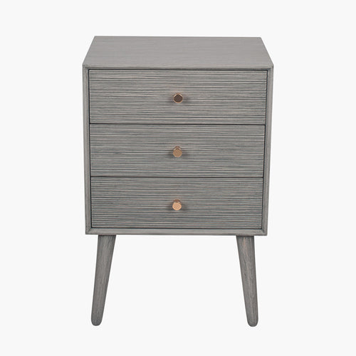 Grey wooden bedside table with 3 drawers and mid century styled legs, roomy, practical and stylish.