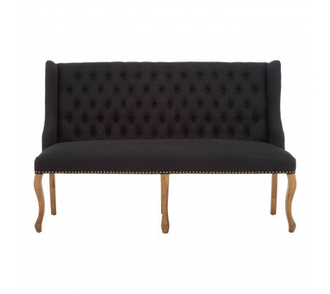 Stunning upholstered black linen bench on wooden legs. The classic button back adds to the vintage feel of this perfect hall or sitting room bench.