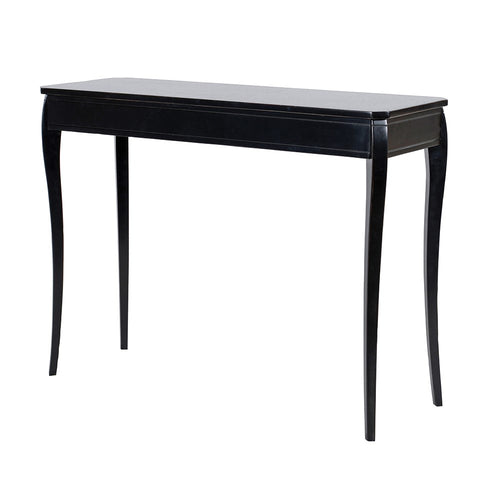 A sleek and very elegant black wooden console with beautifully curved legs adding a touch of sophistication to your space.    H: 83 cm  W: 110 cm  D: 38 cm 