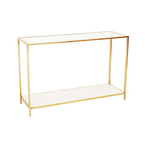 Gilt metal framed console table with 2 glass shelves.
