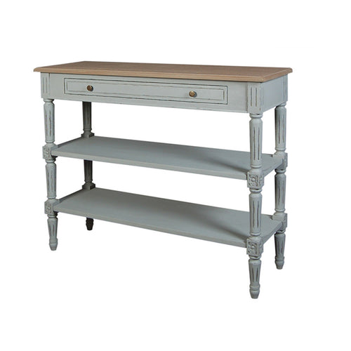 Grey painted console table with an elm top and 2 lower shelves, slim enough for most halls, great storage and a single drawer.