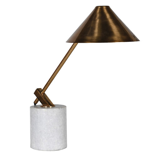 A uniquely different antique brass desk lamp with a weighted marble column base.  Light shines down and spreads throughout giving a warm glow to your space.   Requires1 x E27 light bulbs not included.  H: 47cm W: 40cm D: 12cm