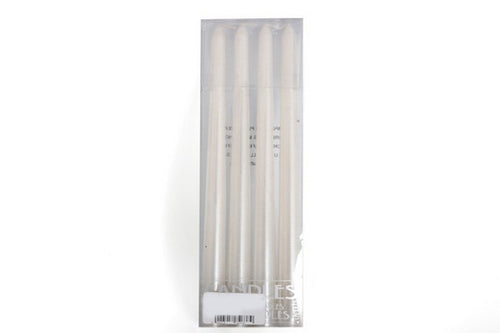 Metallic white tapered candles. Pack of four.