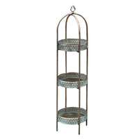 A unique and very pretty shelf unit with pierced metal detailing around the shelves which can be lifted out and also used as trays.  Finished in a rustic antique gold colour, this metal unit has three shelves encased in an outer frame that can fold flat.  
This is useful storage with a Moroccan vibe for small spaces that will quickly de-clutter your home.  Can be used in every room and looks particularly glamorous in bathrooms and conservatories. 