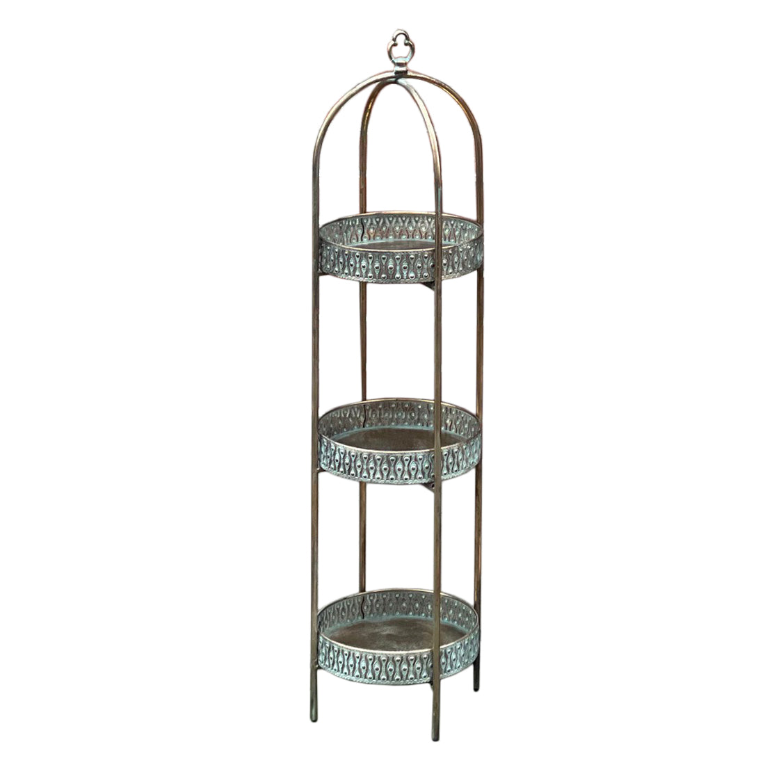 A unique and very pretty shelf unit with pierced metal detailing around the shelves which can be lifted out and also used as trays.  Finished in a rustic antique gold colour, this metal unit has three shelves encased in an outer frame that can fold flat.  
This is useful storage with a Moroccan vibe for small spaces that will quickly de-clutter your home.  Can be used in every room and looks particularly glamorous in bathrooms and conservatories. 
