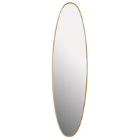 Thin oval brushed gold framed mirror, slim profile on this oval mirror allows for a lot of light reflecting mirror.