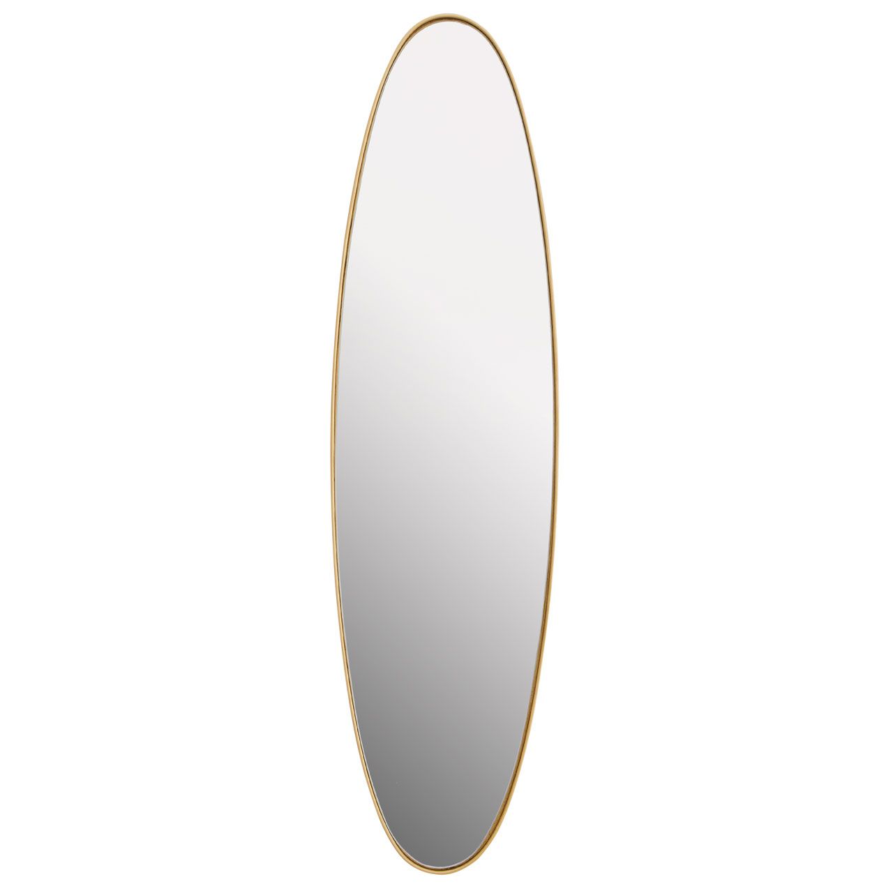 Thin oval brushed gold framed mirror, slim profile on this oval mirror allows for a lot of light reflecting mirror.