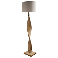 Pale wooden curved floor lamp, great in a Scandi interior.  The design is exceptional in a living room or hall and  the pale linen shade allows light to flood out.