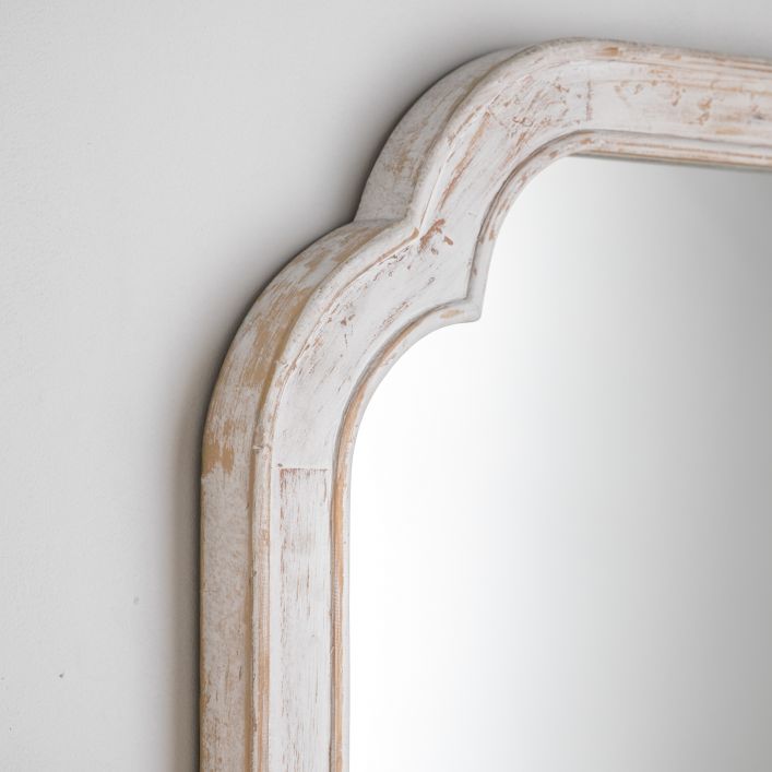 Tall distressed, elegant  shaped white wooden mirror, a real Scandi find. Perfect pared back look, in a hall over a white console or in a living room, dining room or kitchen.
H: 121 cm W: 81 cm