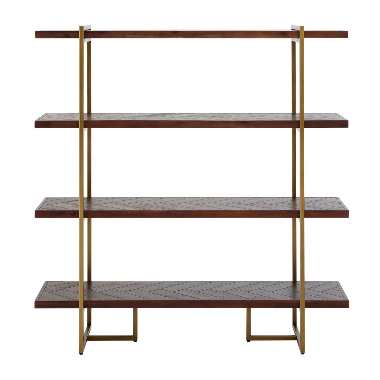 Open shelving unit, in a dark wood set into antique brass metal framework, perfect mix of industrial and luxury.