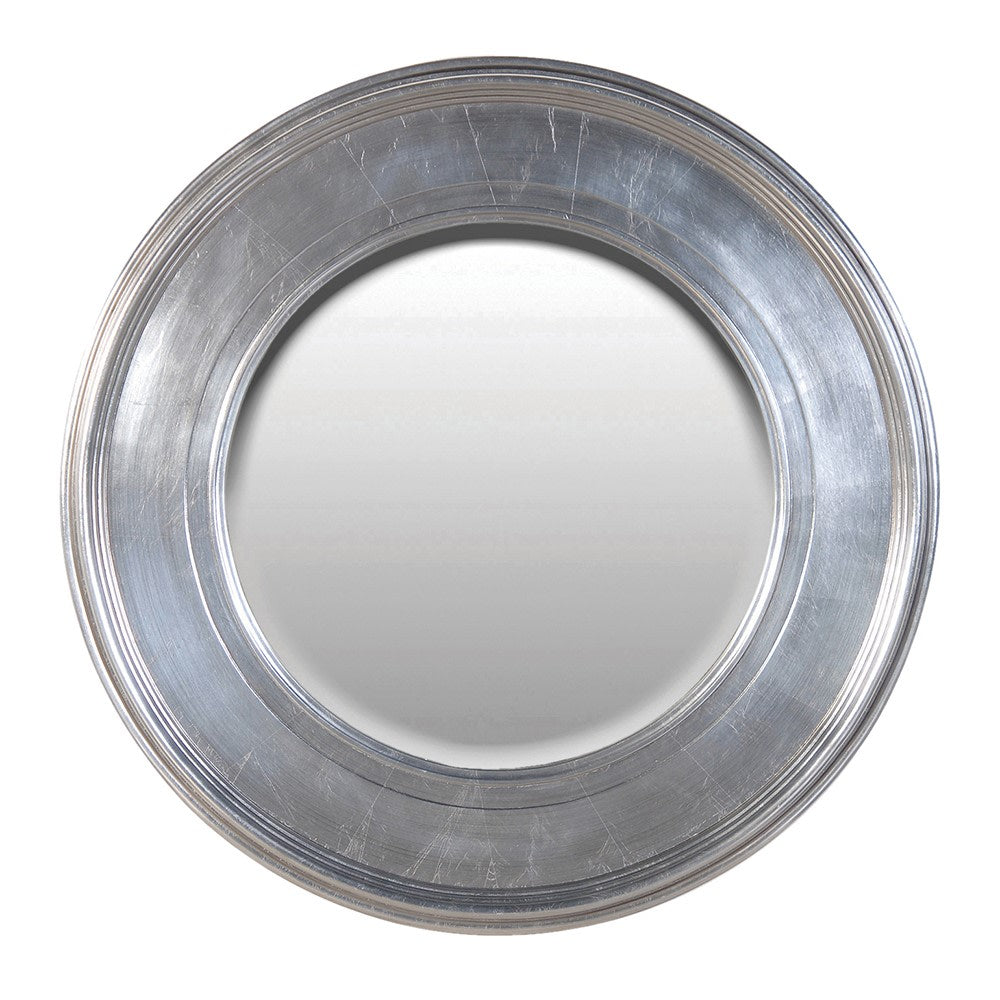 A round silver framed mirror with a ridged painted frame.