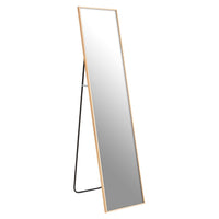 Tall slim framed gold cheval mirror, light easy to move on the stand which can be folded and the mirror placed against the wall. A light mirror easy to manoeuvre throw out the stand and check your appearance, then lean the mirror back against a wall. 
H: 152 cm W: 35 cm