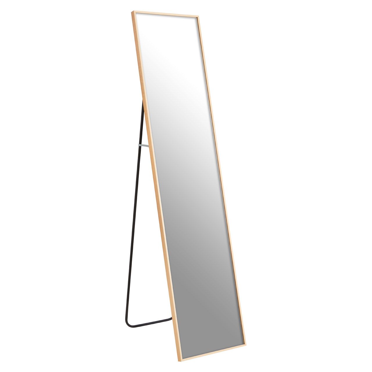 Tall slim framed gold cheval mirror, light easy to move on the stand which can be folded and the mirror placed against the wall. A light mirror easy to manoeuvre throw out the stand and check your appearance, then lean the mirror back against a wall. 
H: 152 cm W: 35 cm