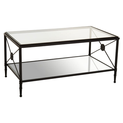  This classic yet contemporary coffee table has a rectangular black metal frame supporting a two tier glass shelves with a cross design.