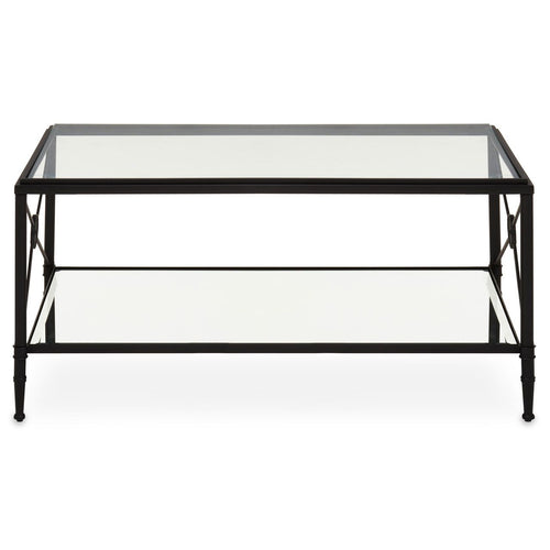  This classic yet contemporary coffee table has a rectangular black metal frame supporting a two tier glass shelves with a cross design. This classic yet contemporary coffee table has a rectangular black metal frame with a cross design supporting two tier glass shelves.