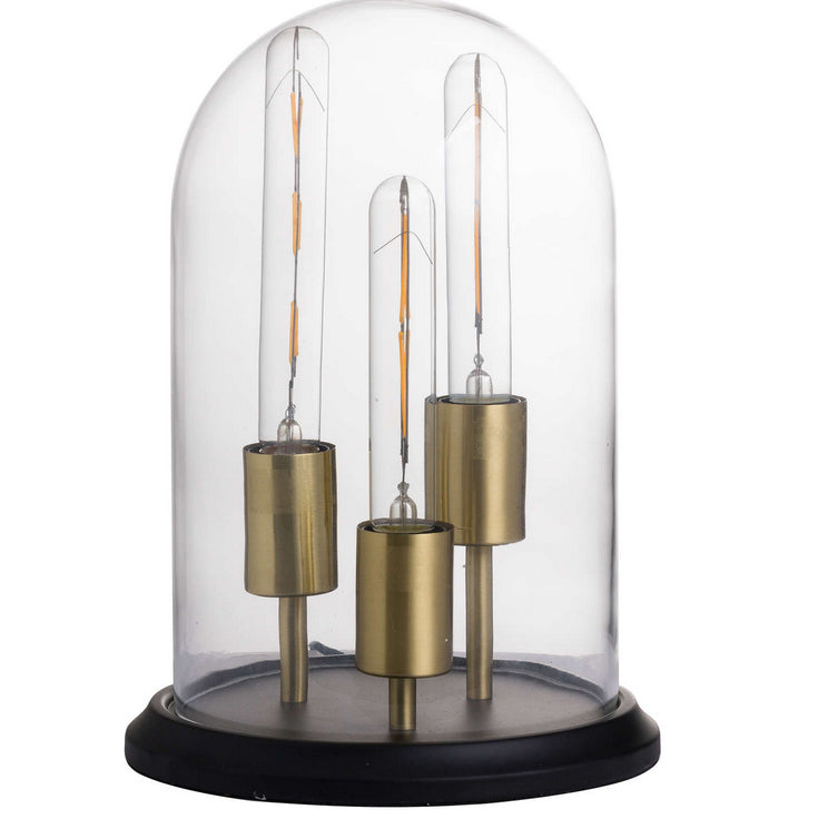 A clear glass dome lamp with three E27 Edison screw bulbs inside, with a black base and reduced price tag.