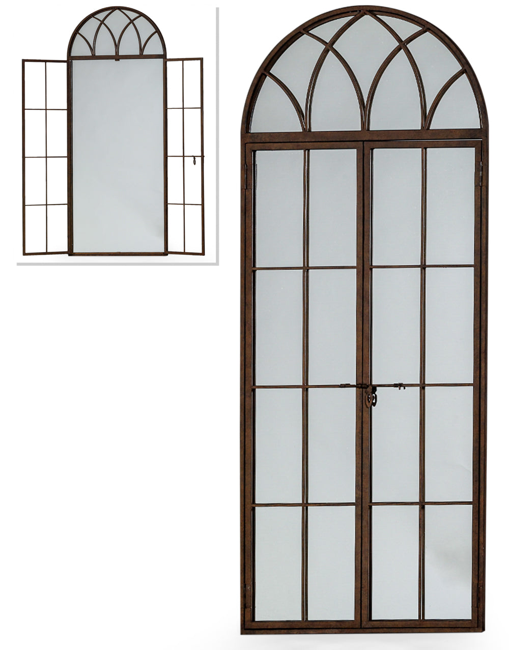 Window mirror in an antiqued bronze finish, traditional arched shape and opening latch door giving an even deeper perspective to any wall.