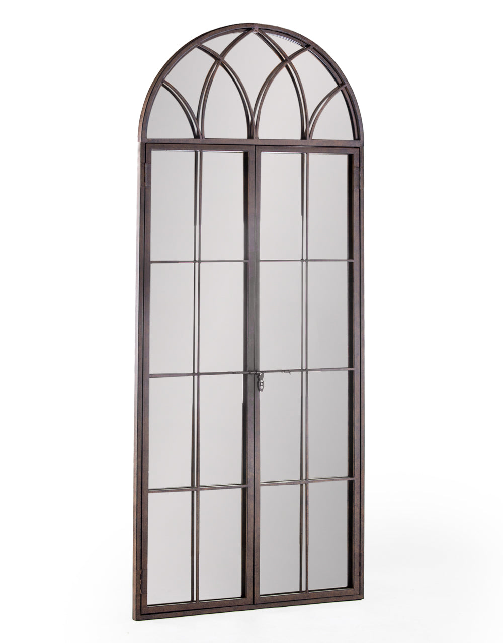 Window mirror in an antiqued bronze finish, traditional arched shape and opening latch door giving an even deeper perspective to any wall.