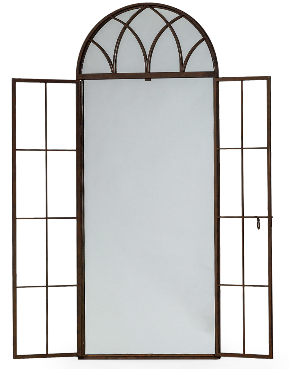 Window mirror in an antiqued bronze finish, traditional arched shape and opening latch door giving an even deeper perspective to any wall.