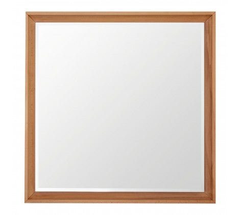 Square wooden framed mirror with inset bevelled glass.