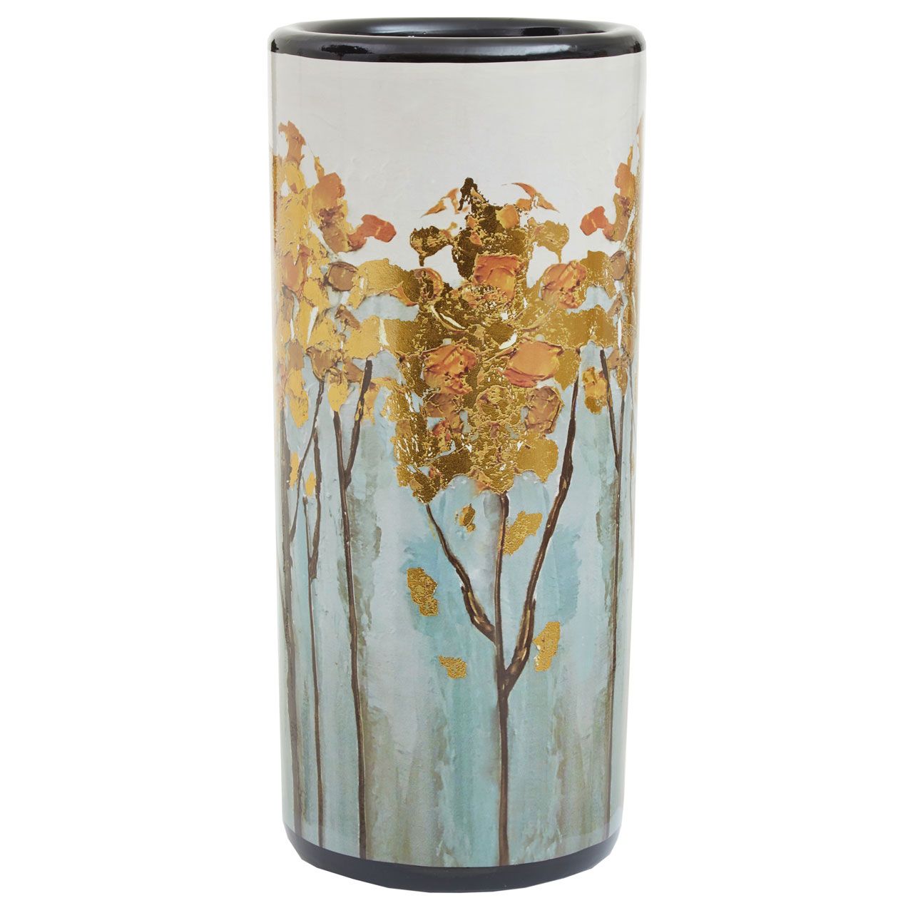 A really beautiful, arty umbrella stand painted in a naturalistic floral pattern with gold leafing to the tops of the flowers. In a mixture of pale blues, browns and gold leaf a stunning piece.
H: 45 cm D: 20 cm.